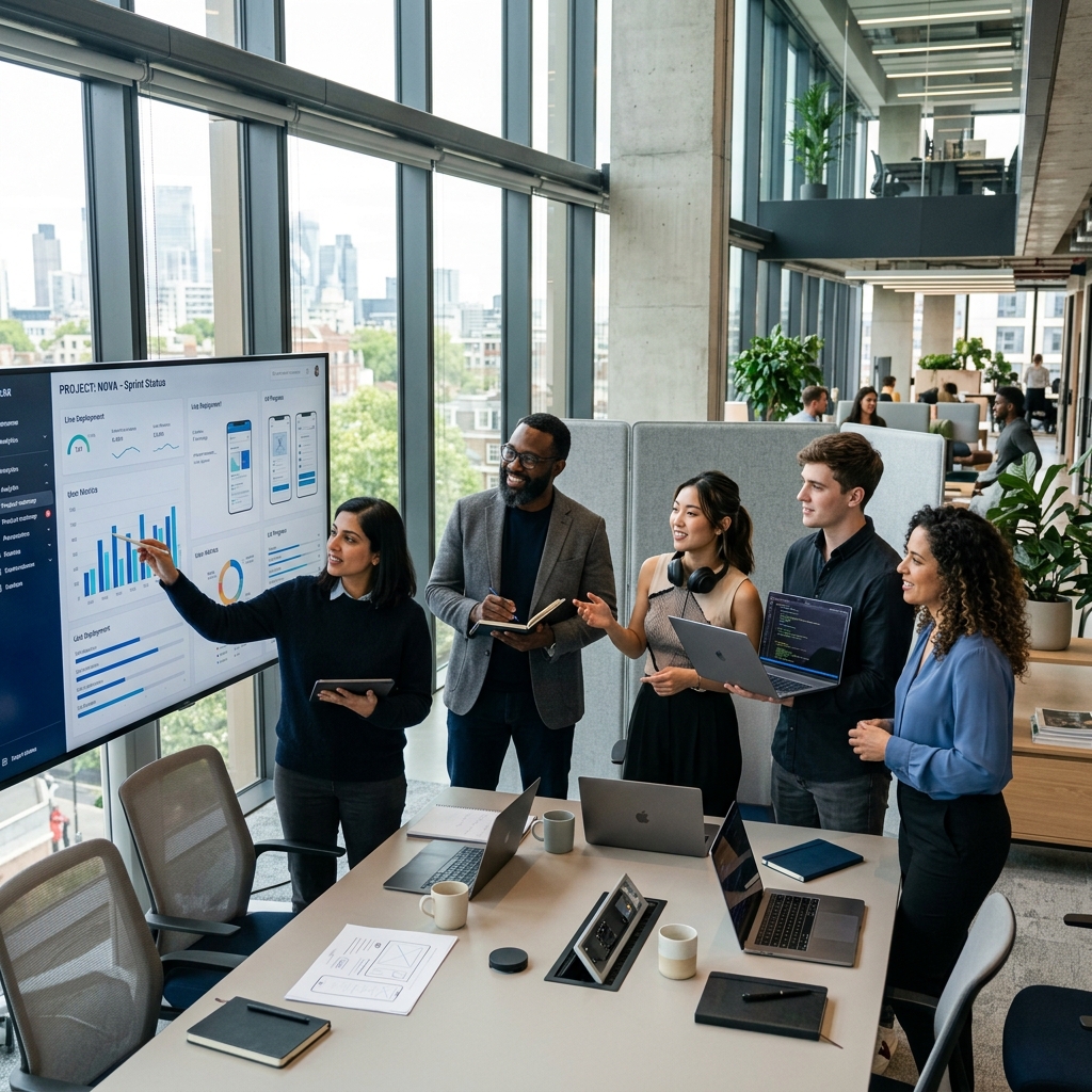 Diverse software engineering team collaborating in front of a digital dashboard screen