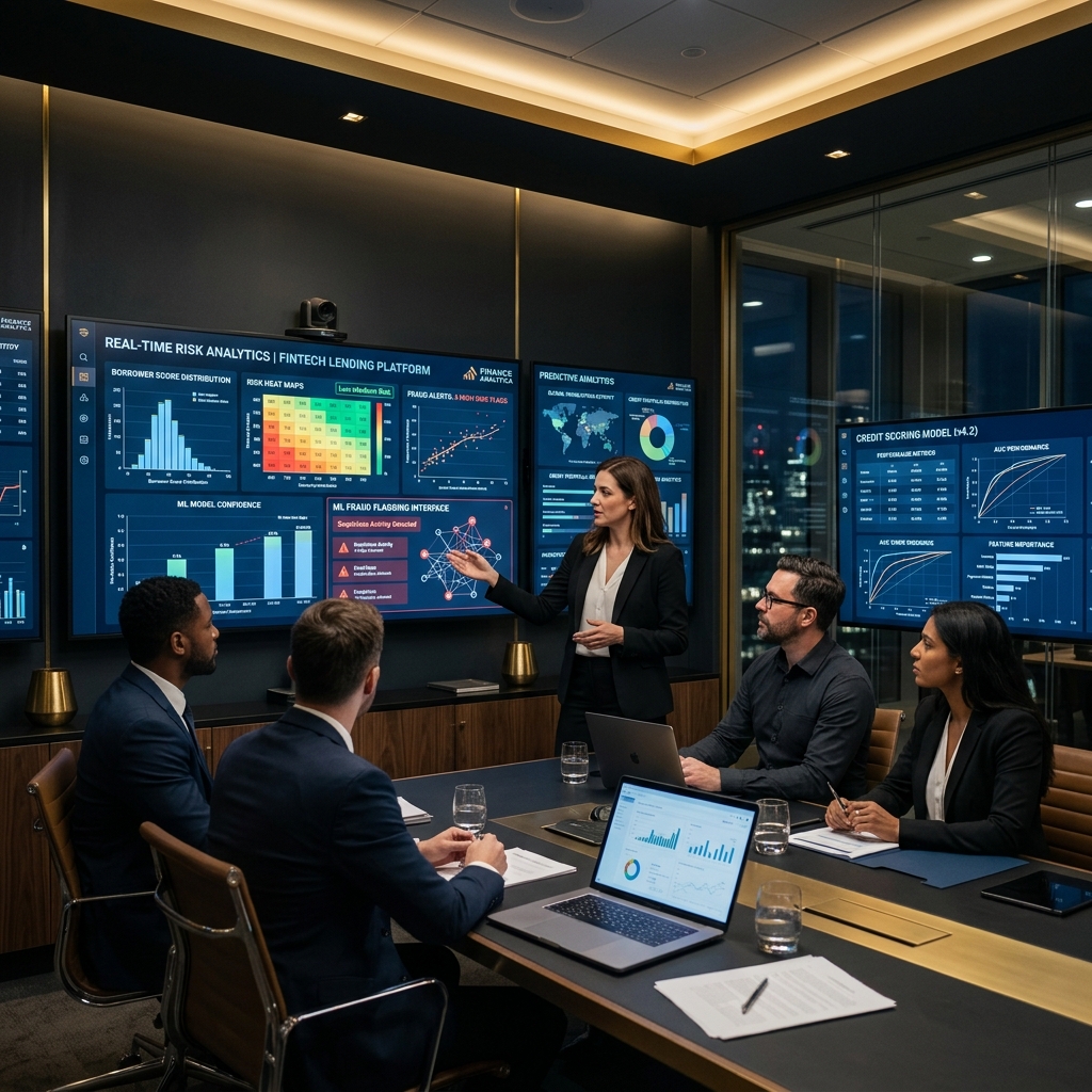 Fintech Team Reviewing Real-Time Risk Modeling and Credit Scoring