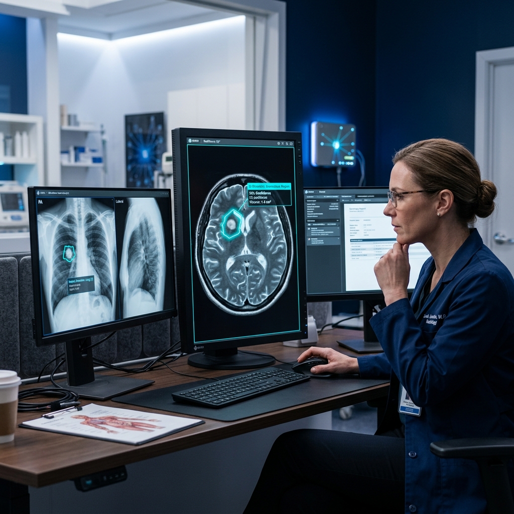 Radiologist Reviewing AI-Enhanced MRI Scans with Computer Vision