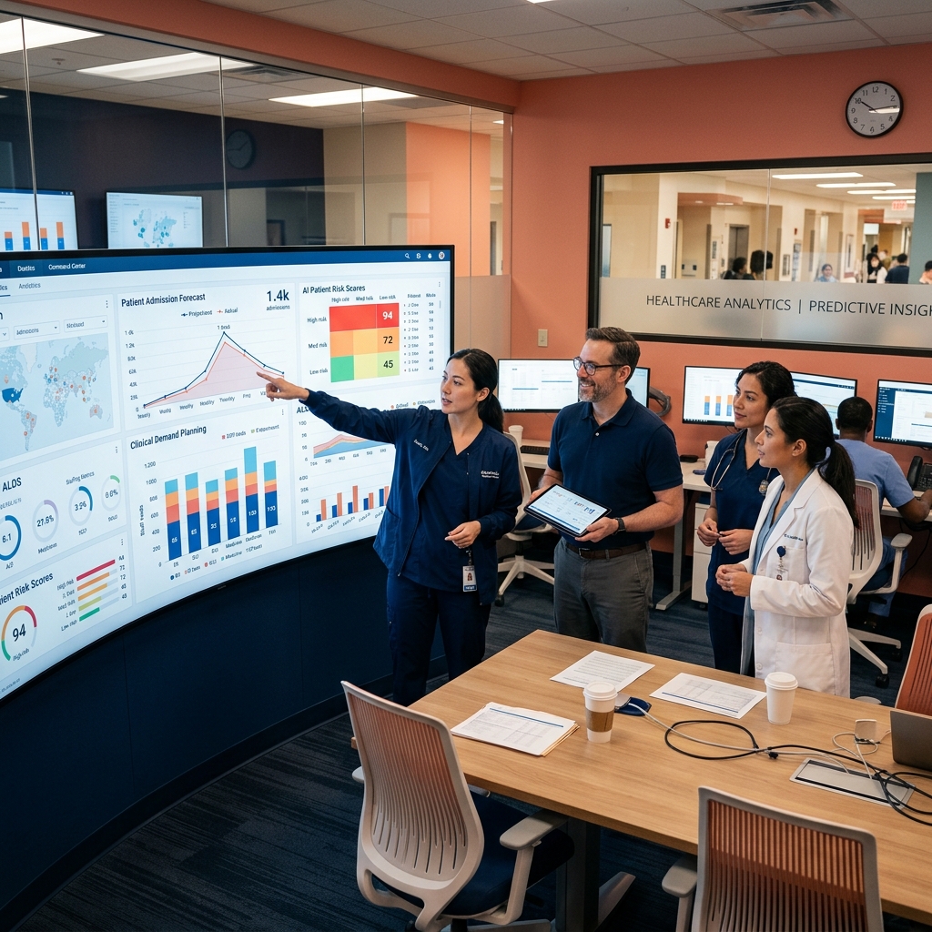 Healthcare Analytics Team Reviewing AI Predictive Risk Dashboards
