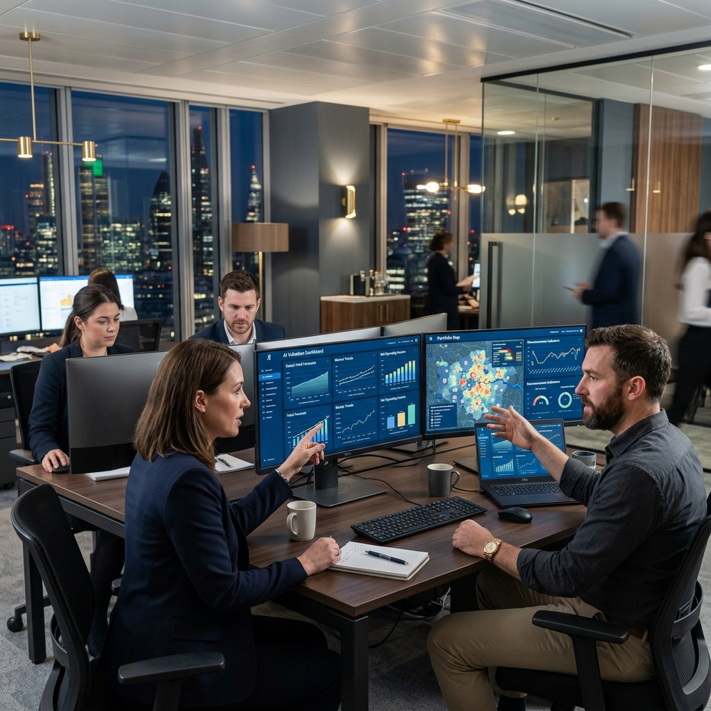 Real Estate Analysts Reviewing AI Property Valuation Dashboard