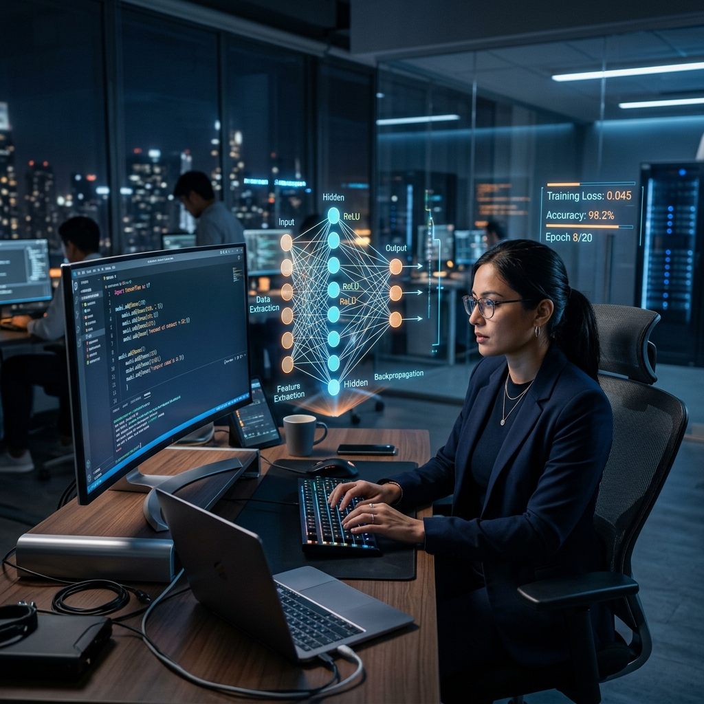 Focused female AI engineer coding at a high-tech workstation with neural network visualizations