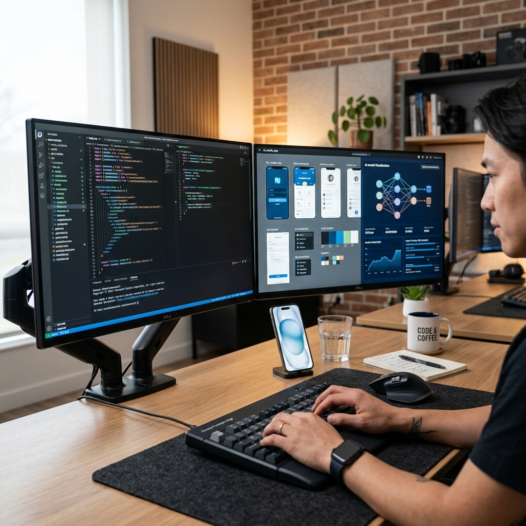 Sleek close-up of a software engineer workstation with code and app mockups on dual screens